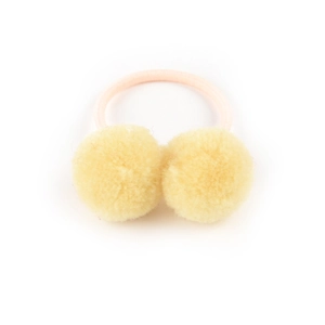 Cute yellow faux fur pompom hair ties with pink elastic bands for girls' hairstyles