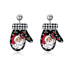 Boucles d'oreilles de Noël en forme de gant avec motif Père Noël et carreaux festifs