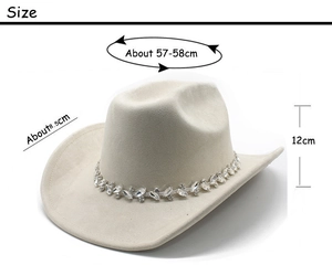 Detailed size chart for beige suede cowboy hat with rhinestone leaf trim and flat brim