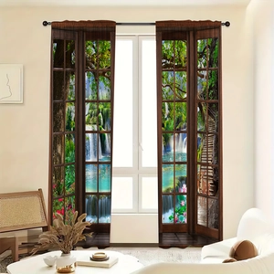 Detail of 3D forest waterfall landscape curtains in a modern living room setting