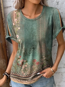 Women vintage floral print short sleeve t-shirt with cut-out shoulders in sage green