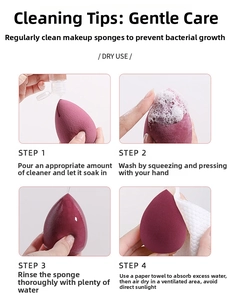 Step-by-step cleaning guide for beauty sponges including washing and drying instructions