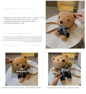 Detailed size comparison of the cute bear plush crossbody bag with an iPad and A4 magazine
