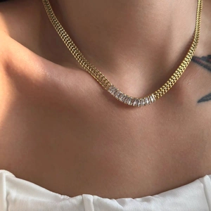 Stainless Steel Baguette Zircon Pendant Necklace French Vintage Flat Woven Chain Choker For Women Elegant Fashion