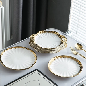 Nordic white flower ceramic plate with elegant gold rim for steak and fruit serving