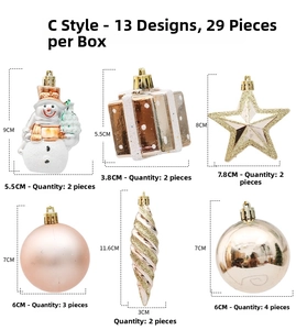 Detailed size guide for 29-piece Christmas ornament set with champagne and rose gold pieces