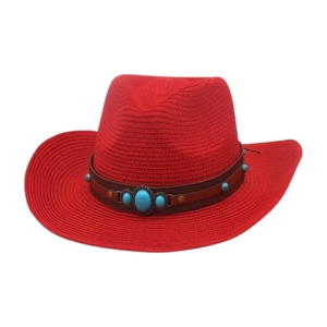 Chapeau de cowboy en paille rouge avec bande en turquoise pour protection solaire de plage