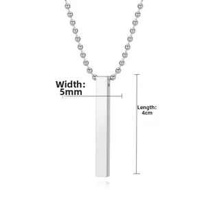 Detailed view of silver bar pendant measuring 5mm wide and 40mm long on a ball chain