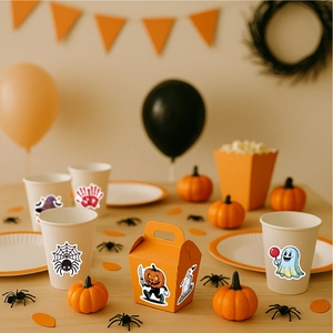 Halloween stickers on party cups and boxes featuring pumpkins, ghosts and spiders