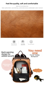 Detail of brown faux leather backpack featuring anti-theft rear zipper and large capacity