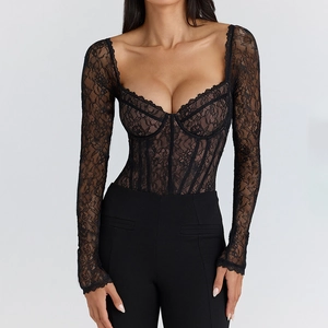 Detail of sheer black lace bodysuit with long sleeves and elegant cup stitching design