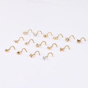 15-teiliges Set goldene Nasenstecker aus Edelstahl mit Schmetterling und Kristallsteinen