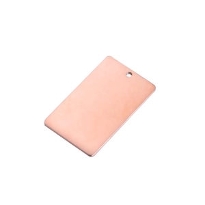 Detailed view of rectangular rose gold stainless steel pet tag blank with hole