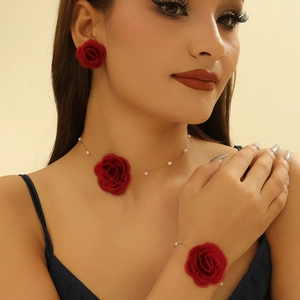 Fabric Rose Flower Necklace Bracelet And Earrings Stainless Steel 18K Gold Plated Imitation Artificial Pearl Elegant Jewelry For Women