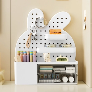 White rabbit pegboard desk organizer with double transparent drawers and storage bins