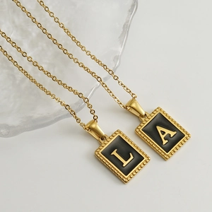 18K gold plated stainless steel square black pendant necklace with letters A and L