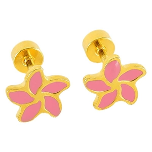 Ohrstecker aus Edelstahl in Gold mit rosa Emaille-Blumen auf weißem Hintergrund