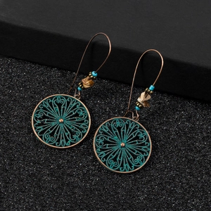 Bohemian Vintage Drop Earrings Alloy Hollow Mandala Pattern With Beads And Iron Earring Post Retro Ethnic Jewelry For Women