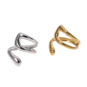 Minimalist geometric hollow open rings in gold and silver stainless steel set on white background