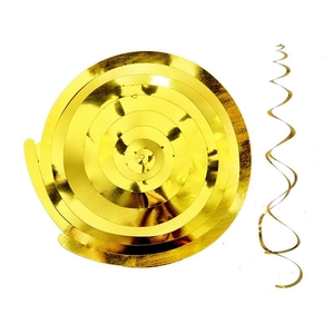 Close-up of golden PVC spiral hanging decorations in flat and expanded states