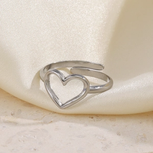 Minimalist silver hollow heart open ring in polished stainless steel for women