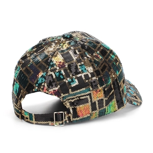 Sparkly sequin baseball cap with colorful checkerboard pattern and adjustable strap