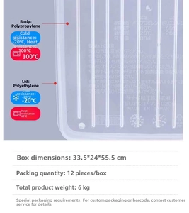 Detail of food-grade storage box showing PP body and PE lid with temperature specifications