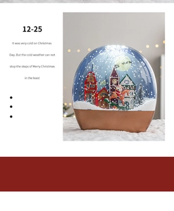 Detailed view of a Christmas snow globe with Santa and European architecture scene