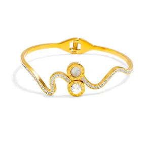 Fashion Titanium Steel Wave Bangle With Roman Numerals Rhinestone Artificial Pearl Inlay Gold Steel Color Bangle For Women Jewelry