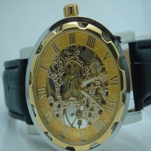Men's automatic mechanical skeleton watch with gold bezel and black leather strap