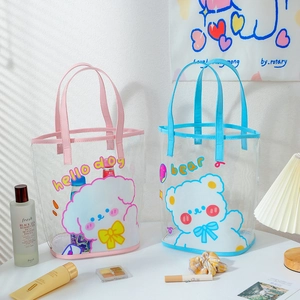 Detail of transparent PVC tote bags featuring cute cartoon dog and bear patterns