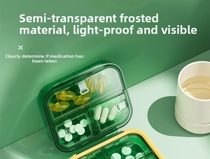 Detailed view of translucent dark green pill box with multi-grid storage and sealing strip
