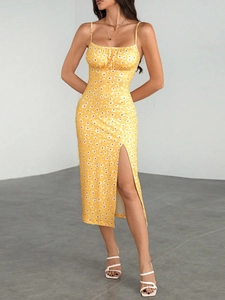 Vestito Midi Da Donna Con Stampa Margherita Maglia Spalline Sottili Schiena Scoperta Spacco Laterale Estate Vacanze Elegante