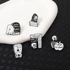 Gothic skull and ghost enamel pin set with dark humor quotes on decorative plate