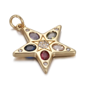 Macro detail of a gold star pendant featuring multi-colored gemstones and white zircons