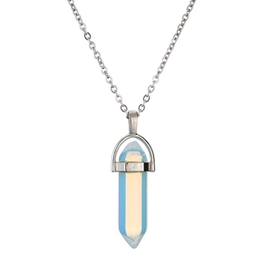 Polished silver stainless steel necklace with hexagonal white opal crystal pendant