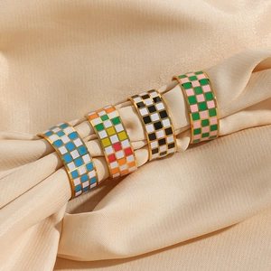 18K gold plated stainless steel checkered rings set with colorful enamel patterns