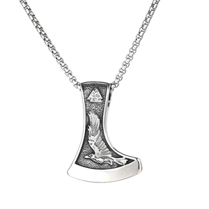 Pendentif hache Viking rétro en acier inoxydable avec gravures loup et corbeau