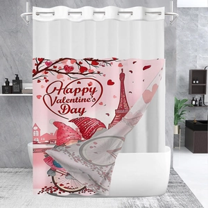 Detail of waffle fabric shower curtain with Valentine dwarf and Eiffel Tower print