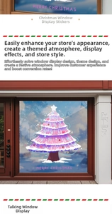 Detail view of pink Christmas tree window sticker with Merry Christmas greeting text