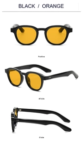 Drei-Winkel-Ansicht der runden Sonnenbrille mit schwarzem Rahmen und orangen Gläsern
