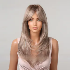 Macro view of long ash blonde synthetic hair with layered cut and curtain bangs