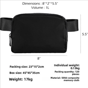 Front view of black waterproof fanny pack with 1L volume and size dimensions 8x2x5.5 inches