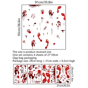 Detailed size specifications for Halloween bloody handprint and footprint wall sticker set
