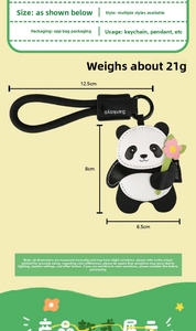Detailed size chart for leather panda keychain with pink flower and black strap