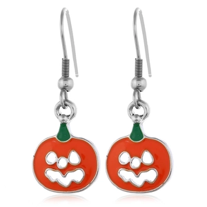 Detail of Halloween pumpkin drop earrings with orange enamel and silver hooks