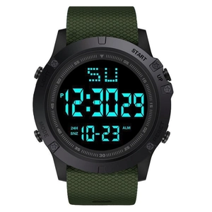 Detail view of sport digital watch with green silicone strap and blue LED display panel