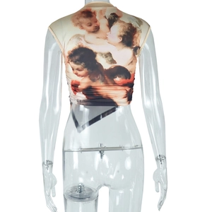 Detail view of the back of a slim fit crop top featuring a vintage angel print