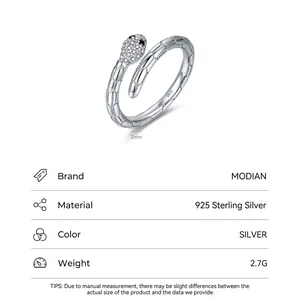Adjustable S925 sterling silver snake ring with white cubic zirconia and black eyes