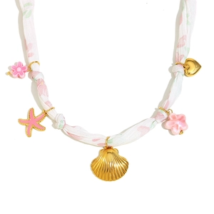 18K gold plated necklace with seashell charms and pink floral fabric ribbon strap